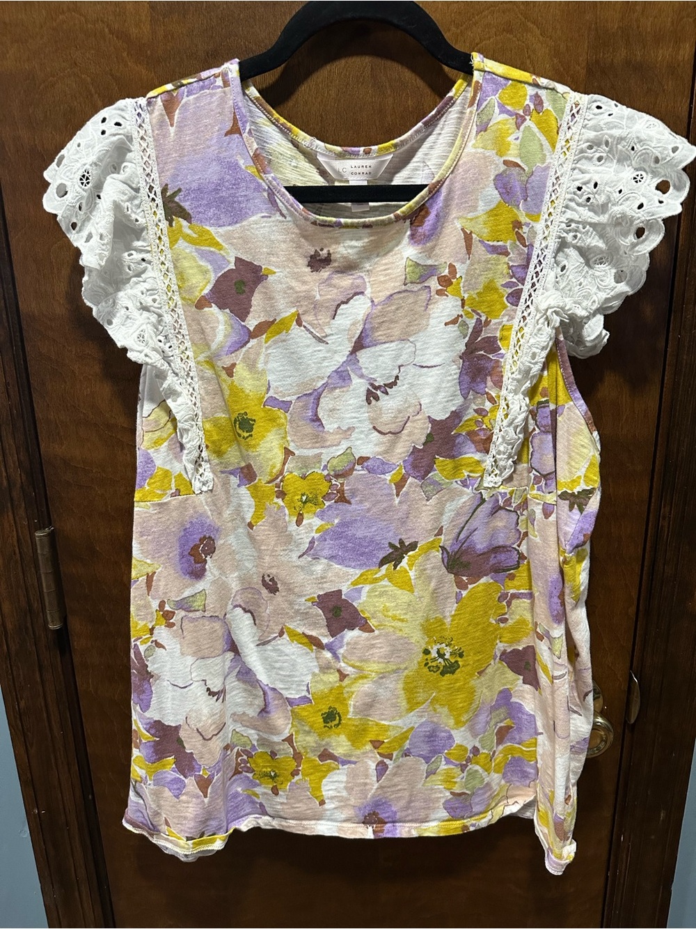 LC Lauren Conrad Yellow & Lavender Floral Lace-Trim Sleeveless Top